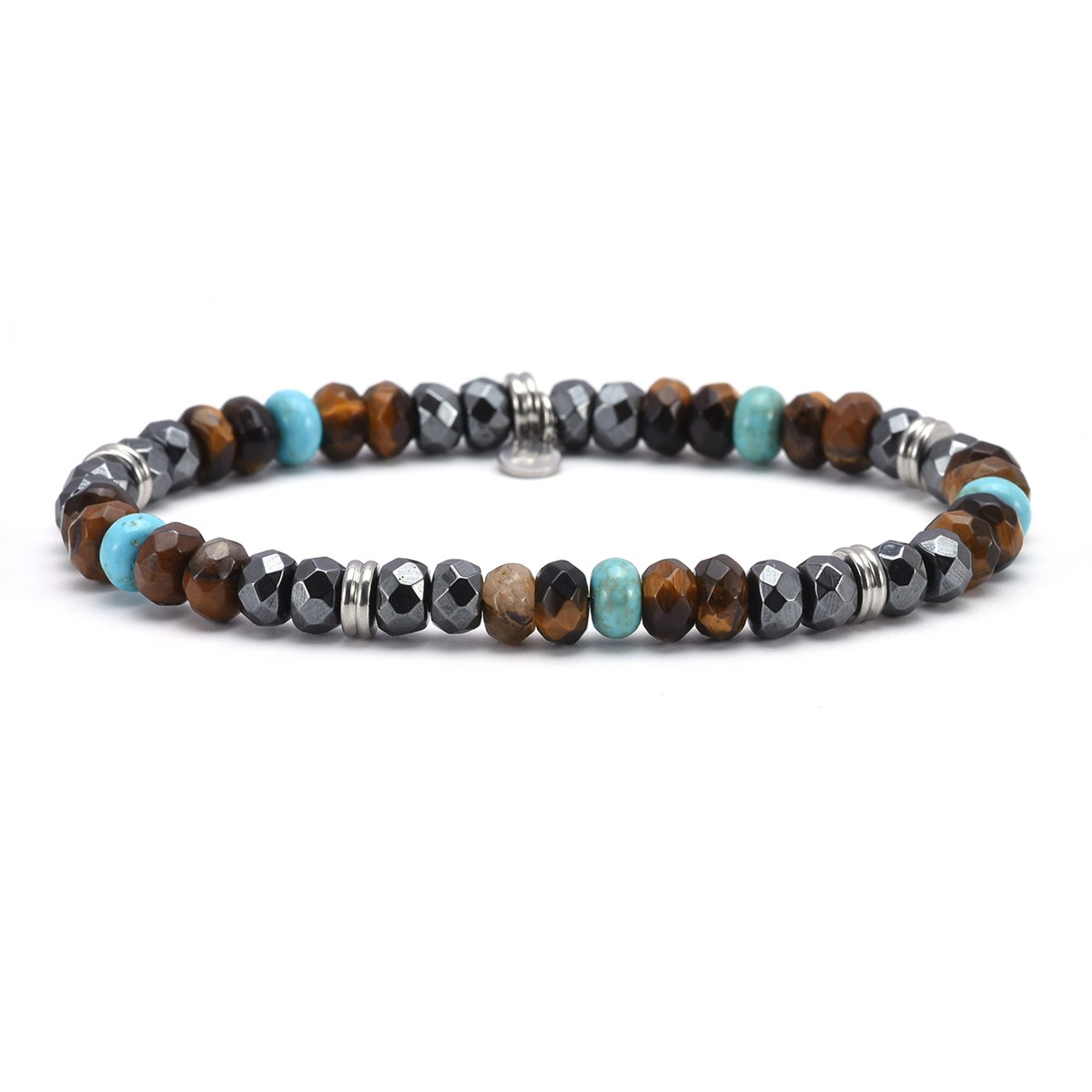 Bracelet Acier Perles Facettées Turquoise Hématite Pierre De Lune Et Oeil De Tigre