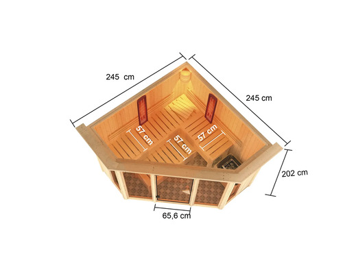 Karibu Astaria modulaire sauna inclusief 9 kW biooven en externe bedieningseenheid met dakrooster en gebronsde volledig glazen deur