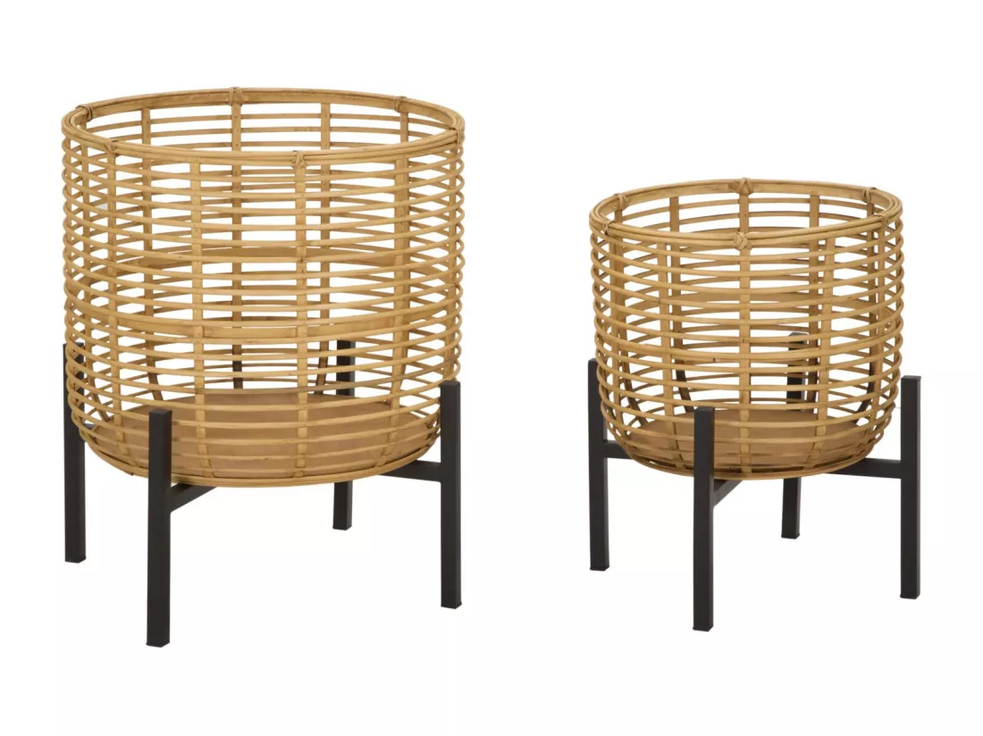 Lot de 2 cache-pots en rotin et métal marron et noir Ø 41x47-33x39 cm