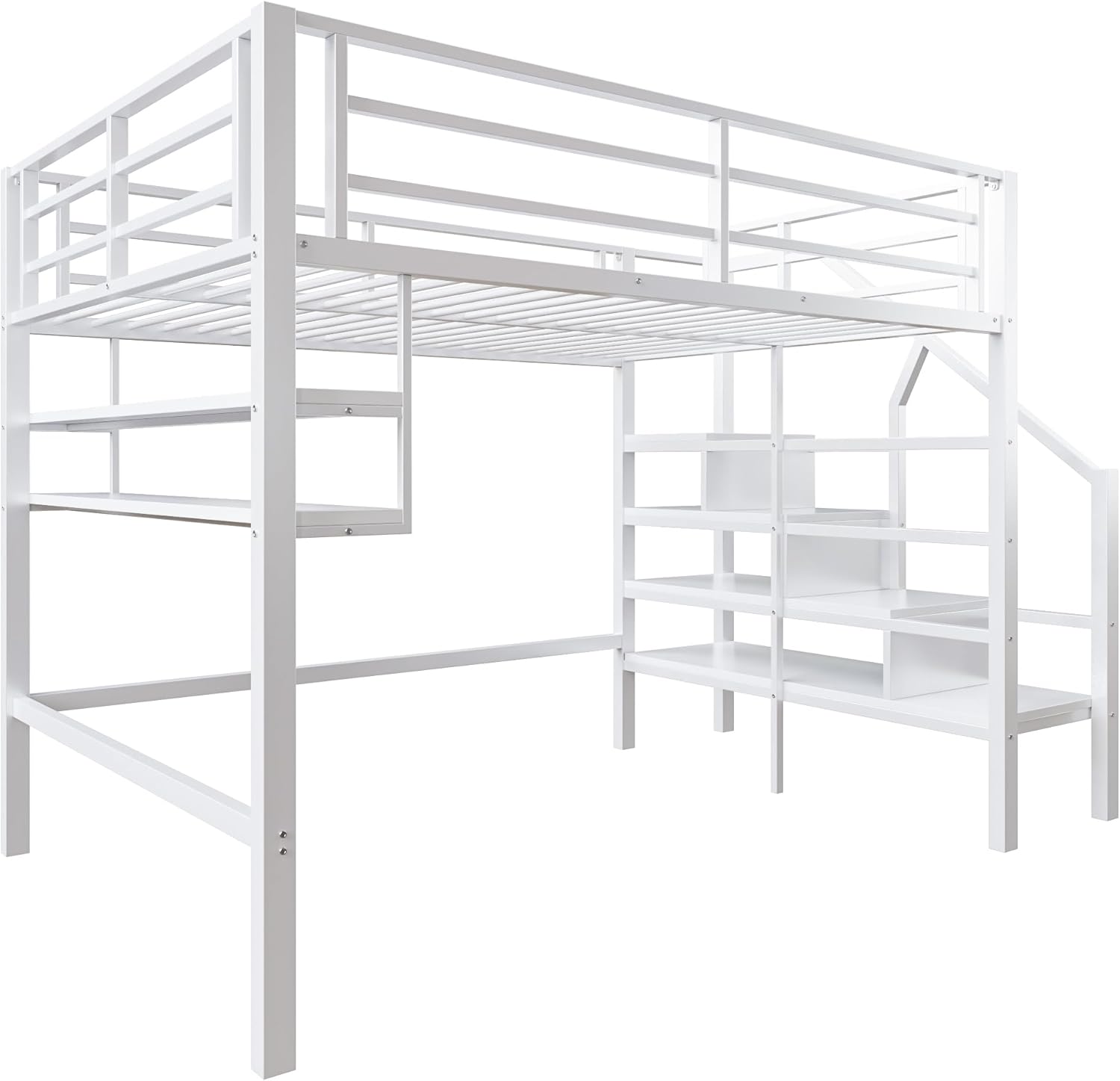 Metall Hochbett 140 * 200cm, Freiraum unter dem Bett, Etagenbett Hoch mit Regale, Ablagetreppe, Erwachsene&Jugendzimmer, ohne Matratze (Weiß, B)