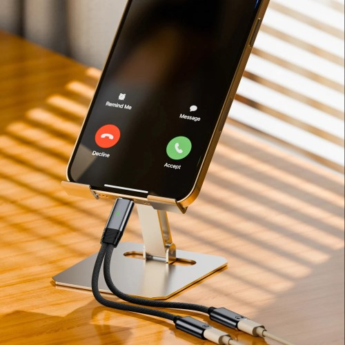 (10cm) 2 in 1 USB C auf dual USB C Nylon Kabel Adapter mit Kopfhörer und Ladeanschluss PD (100W) - Schwarz / Grau