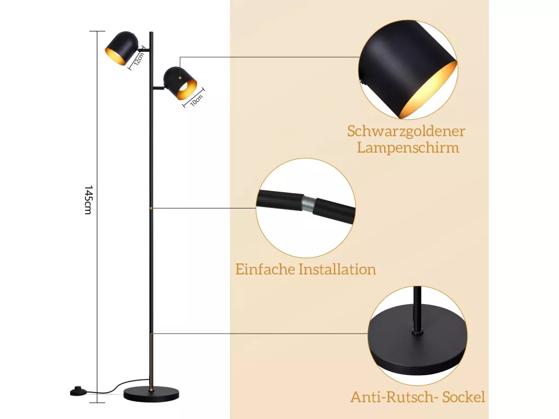 NETTLIFE Lampadaire 2 Ampoules Noir Doré Métal E14 Rétro Industriel Lampadaire