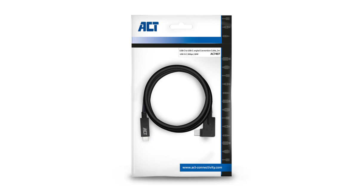 ACT ConnectivityUSB 3.2 USB-C (recht) naar USB-C (links/rechts haaks) kabel  (Zwart, 5 Gbit/s, 60W, 2 meter)