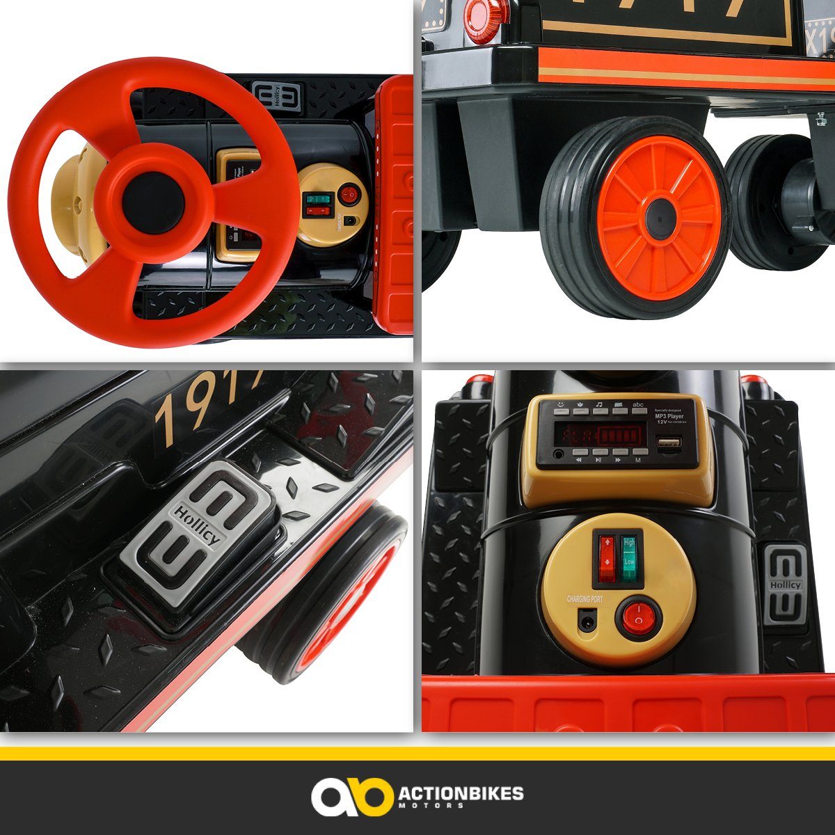 Carrinho elétrico infantil Actionbikes Motors, trenzinho elétrico infantil com reboque, capacidade de carga 60 kg (2 unidades), 3 lugares - buzina e música - partida suave - 2 motores de 12 V