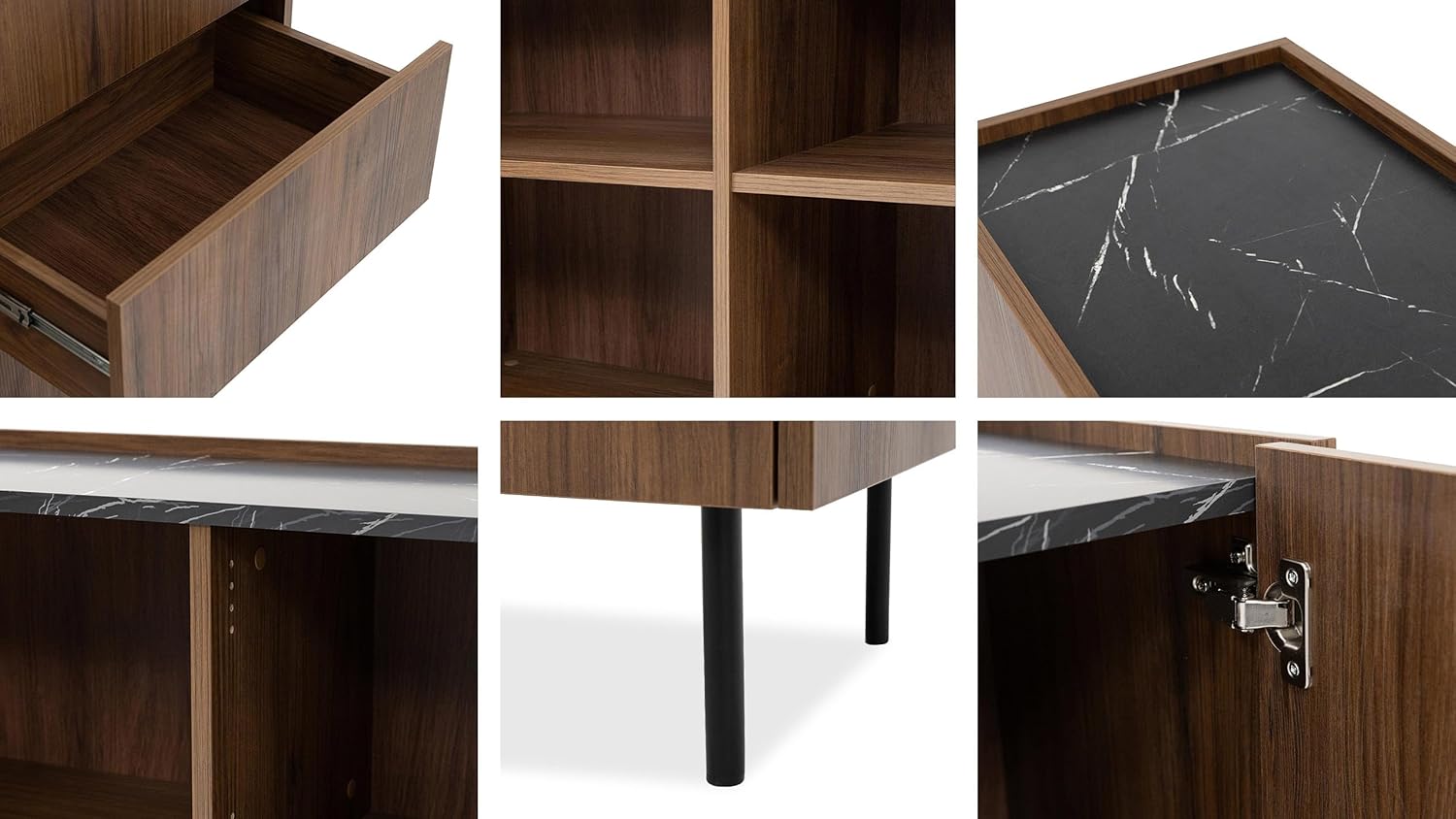 Mirjan24 Nachttisch Tewos S40 S2 mit 2 Schubladen, Metallfüße, Nachtschrank, Nachtkonsole, Nachtkommode, Beistelltisch (Nuss Warmia + Marmor Schwarz)