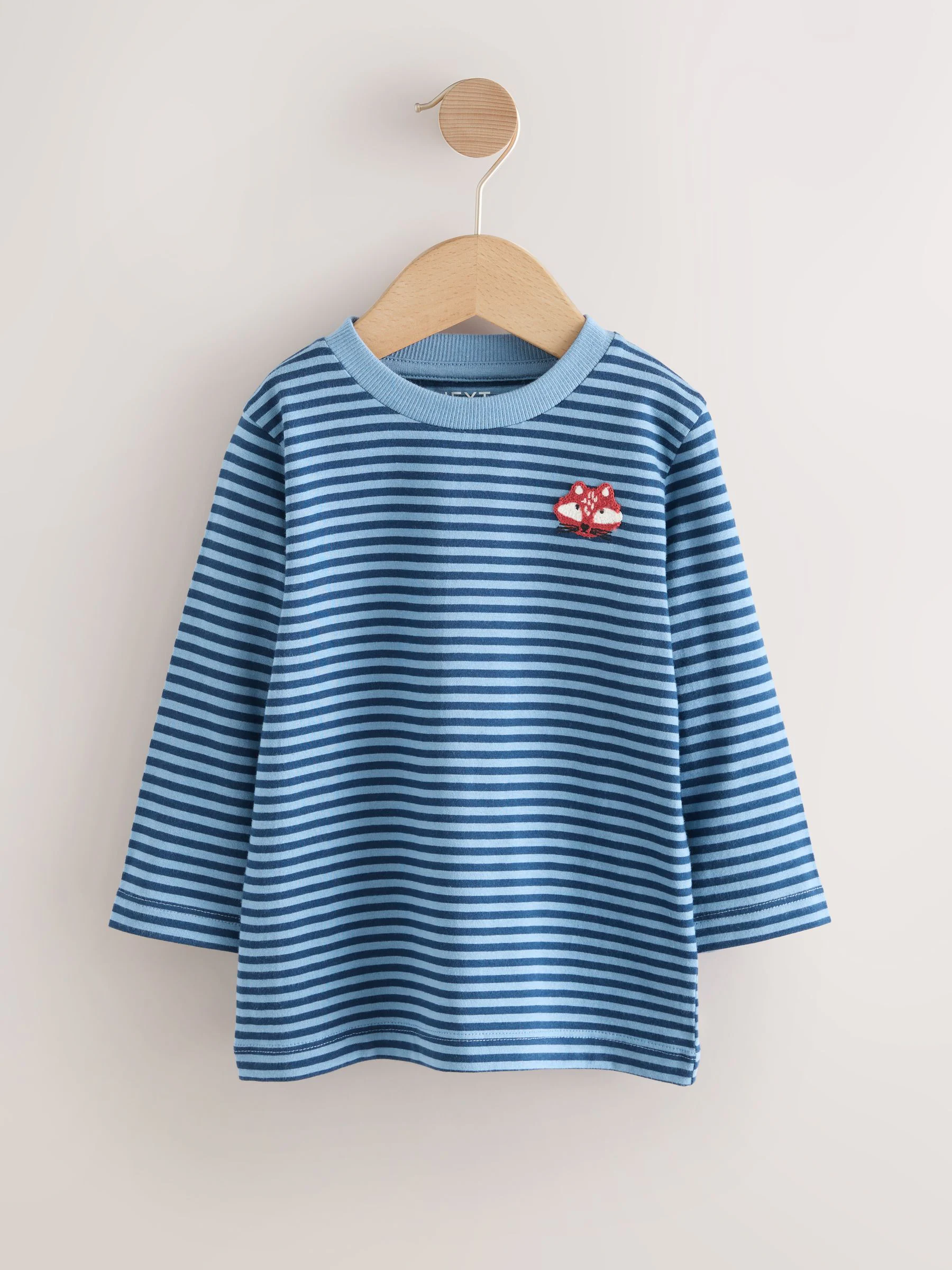 Blauw/marineblauw gestreept met vos - T-shirt met applicatie en lange mouwen (3 mnd-7 jr)