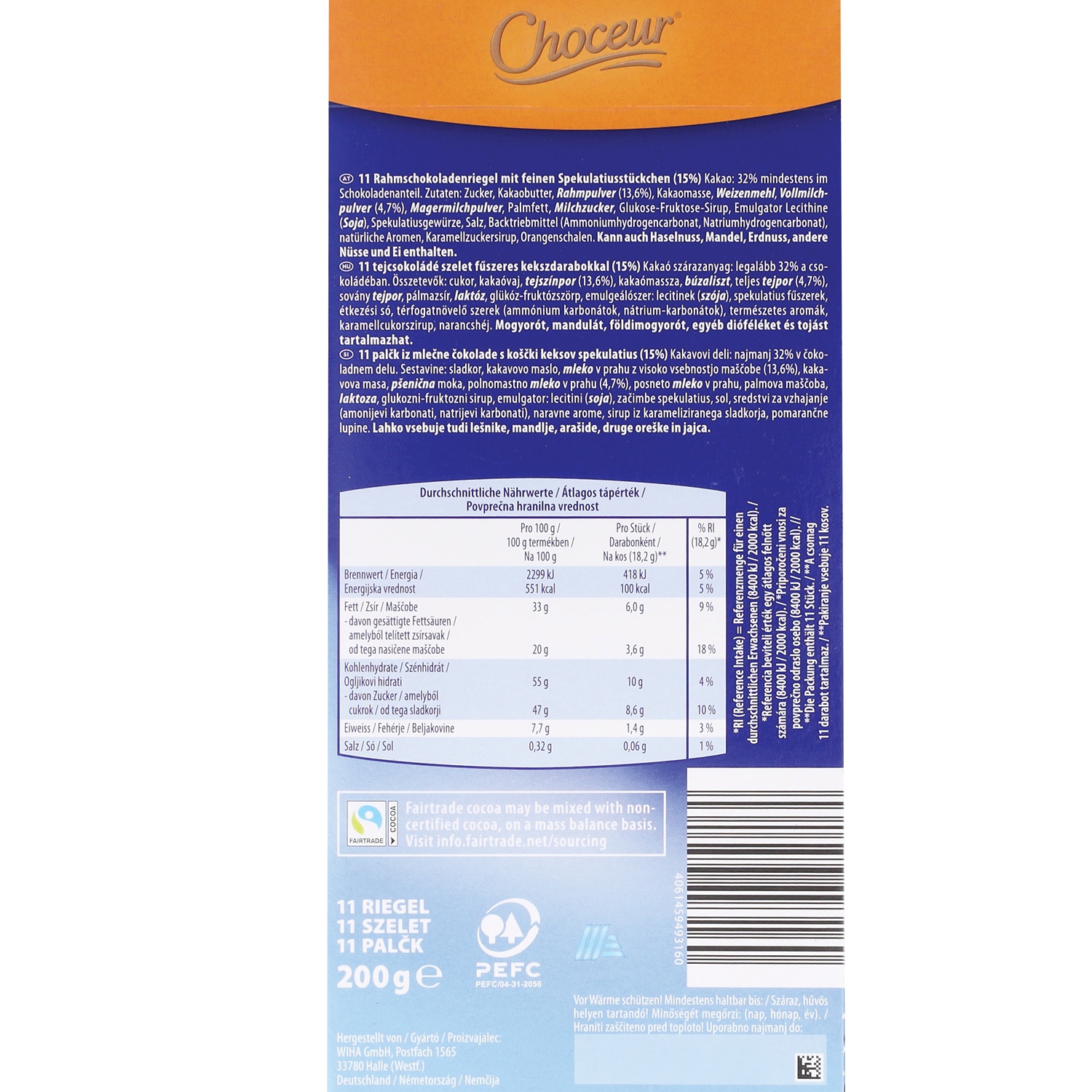 CHOCEUR Winter Schokoriegel, Spekulatius 200 g