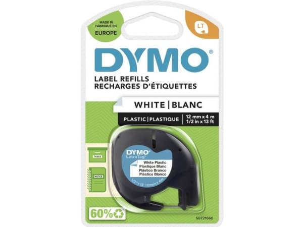 Labeltape DYMO LetraTag 12mm x 4m hvid plasttape