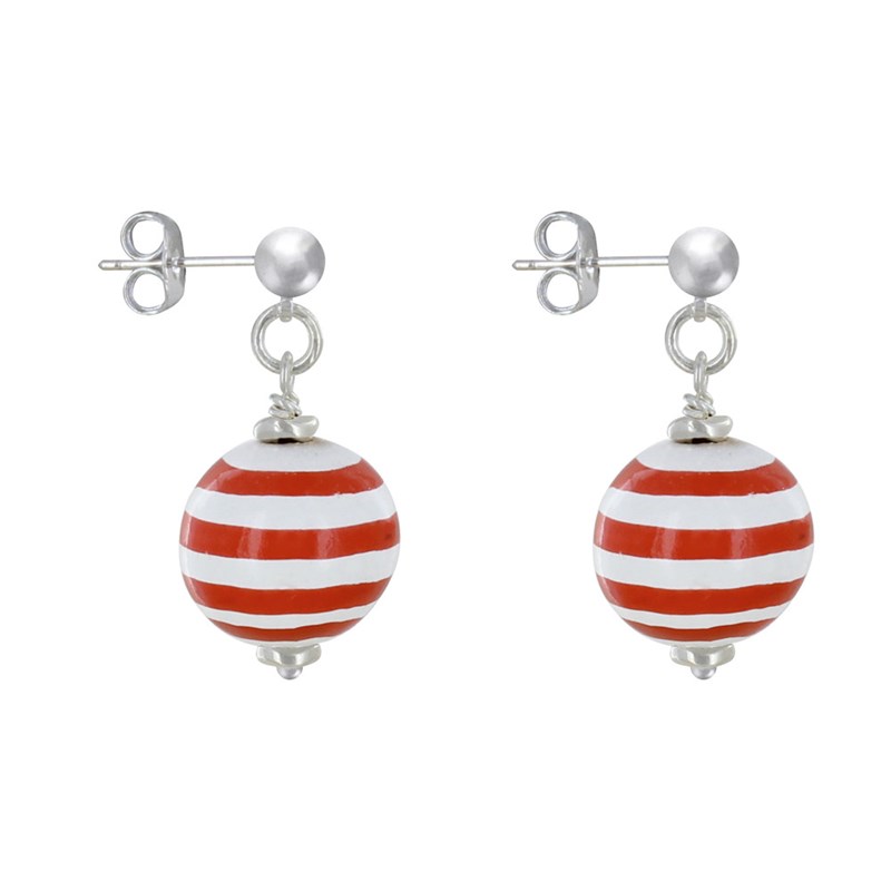 Boucles d'Oreilles Clous Métal Argenté Perles en Bois Marinière