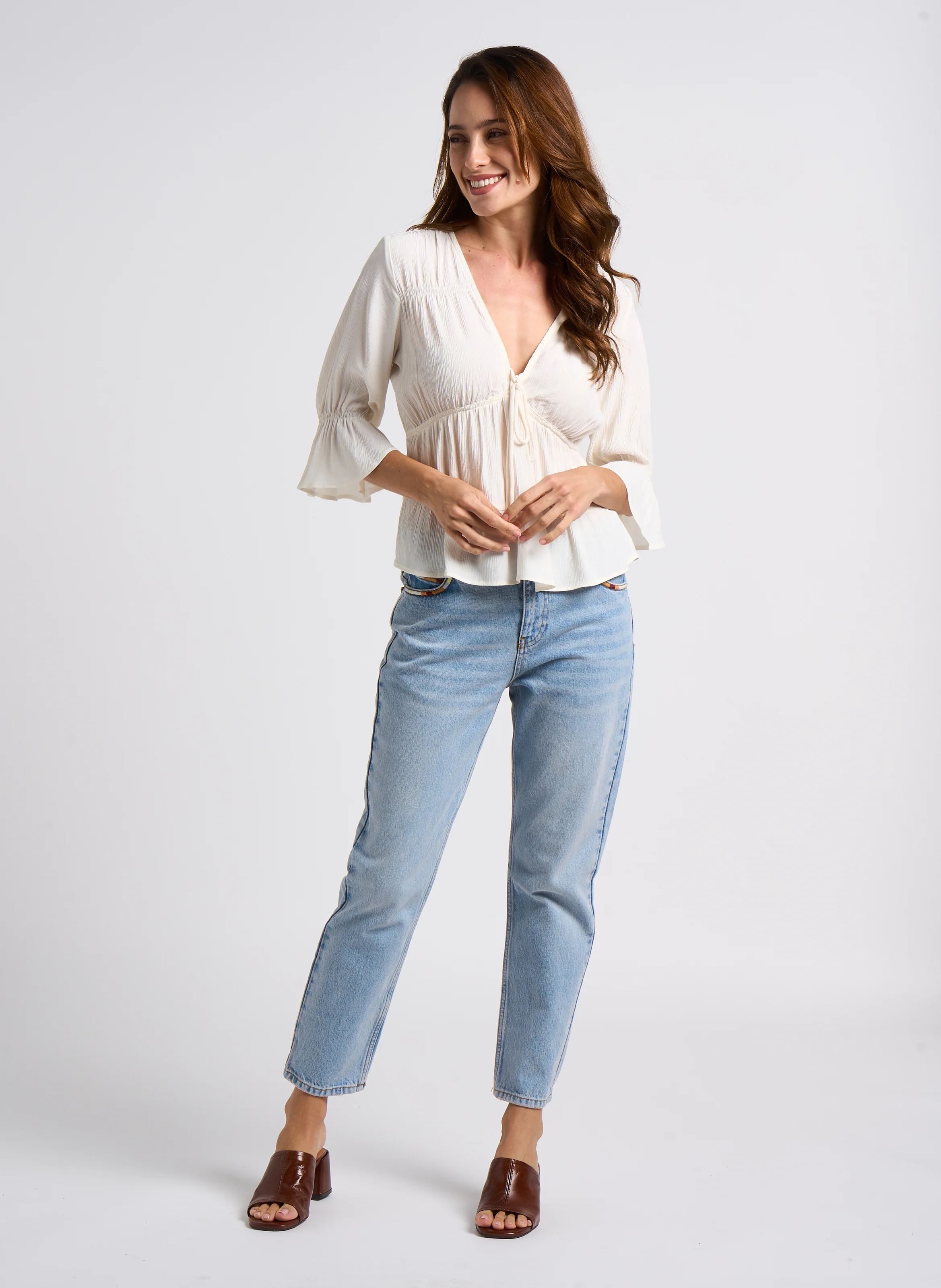 FULL - Jean mom brodé en coton| Bleu