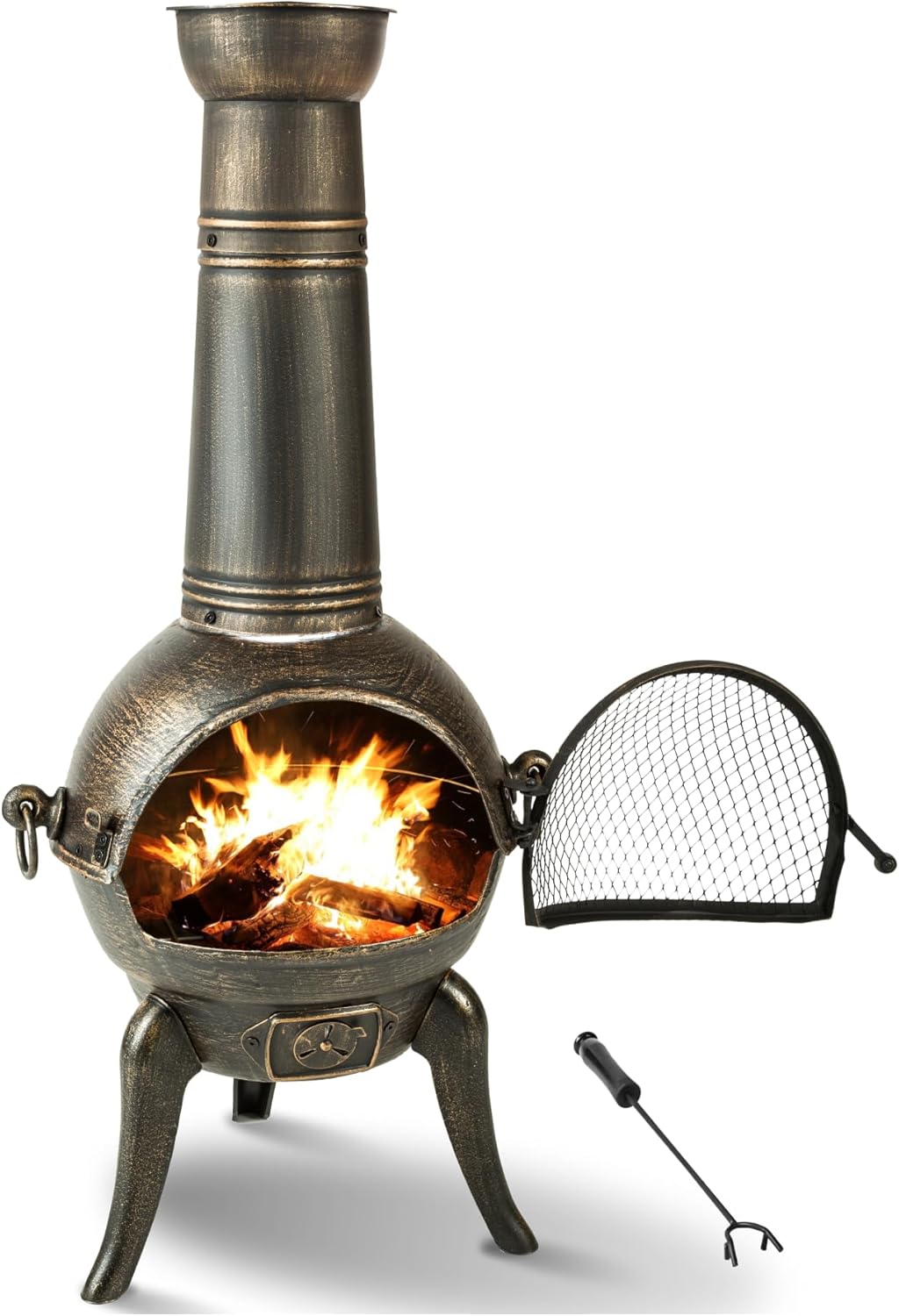 tectake® Vintage Outdoor Terrassenofen, Gartenofen aus Gusseisen, Raketenofen, Aztekenofen mit Funkenschutz, Grill Rost und Schürhaken, Gartendeko Kamin, Deko für Terrassen oder Balkon, Kaminofen
