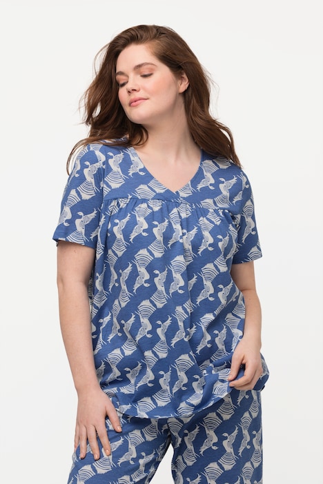 Pyjama-Shirt, Tauben, V-Ausschnitt, Halbarm, Biobaumwolle