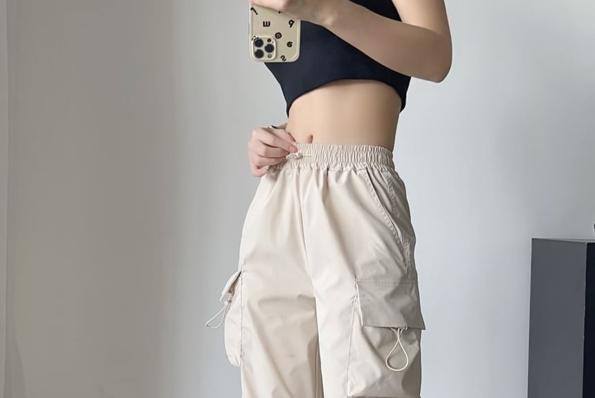 Sosana - Hoge taille, effen, baggy cargobroek met trekkoord
