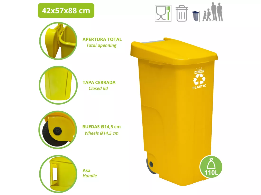 Container recycle 110 litres, fermé avec le couvercle, idéal pour le recyclage des plastiques, avec roues, L42 P57 H88