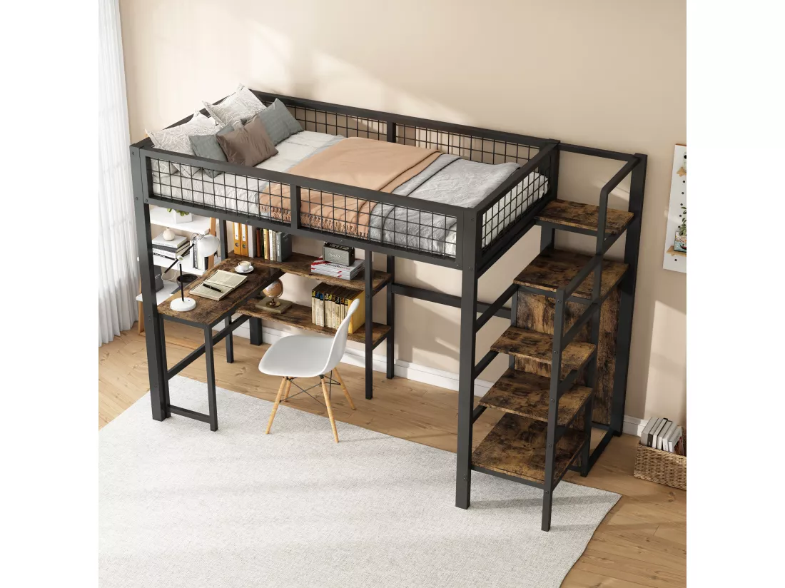 90 * 200cm lits superposés, lit en fer, sous la table, plusieurs étagères, armoire intégrée, noir