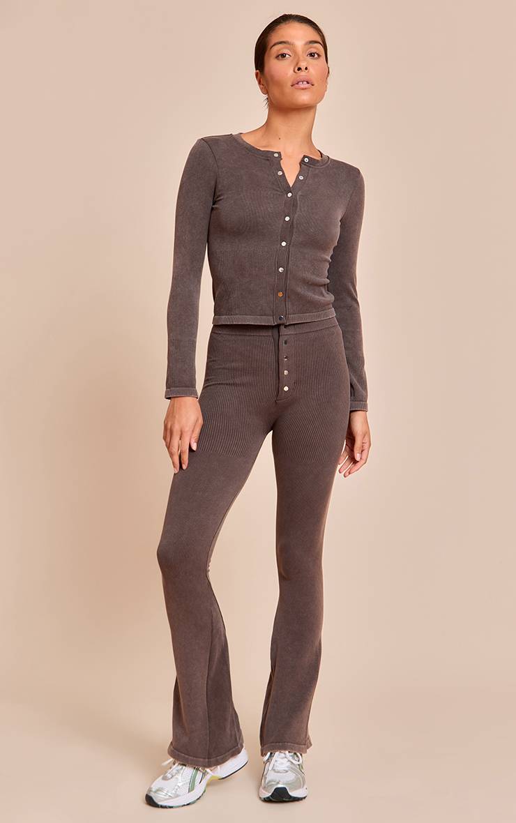 Chocolat Haut Long Côtelé Contour À Manches Longues Avec Boutons Petite Taille - Ensemble Coordonné