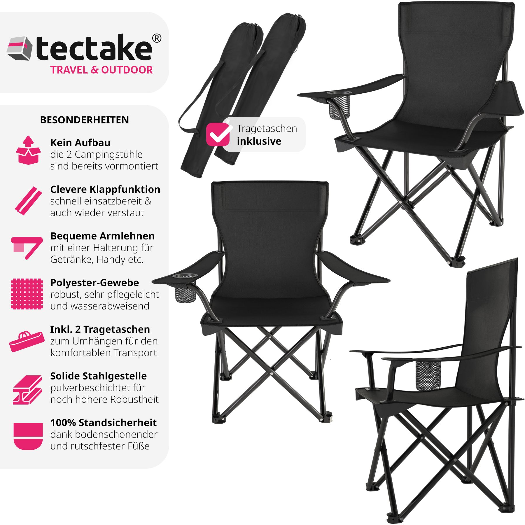 tectake® 2er Set Campingstuhl, faltbar, geringes Gewicht, 80 x 48 x 84,5 cm