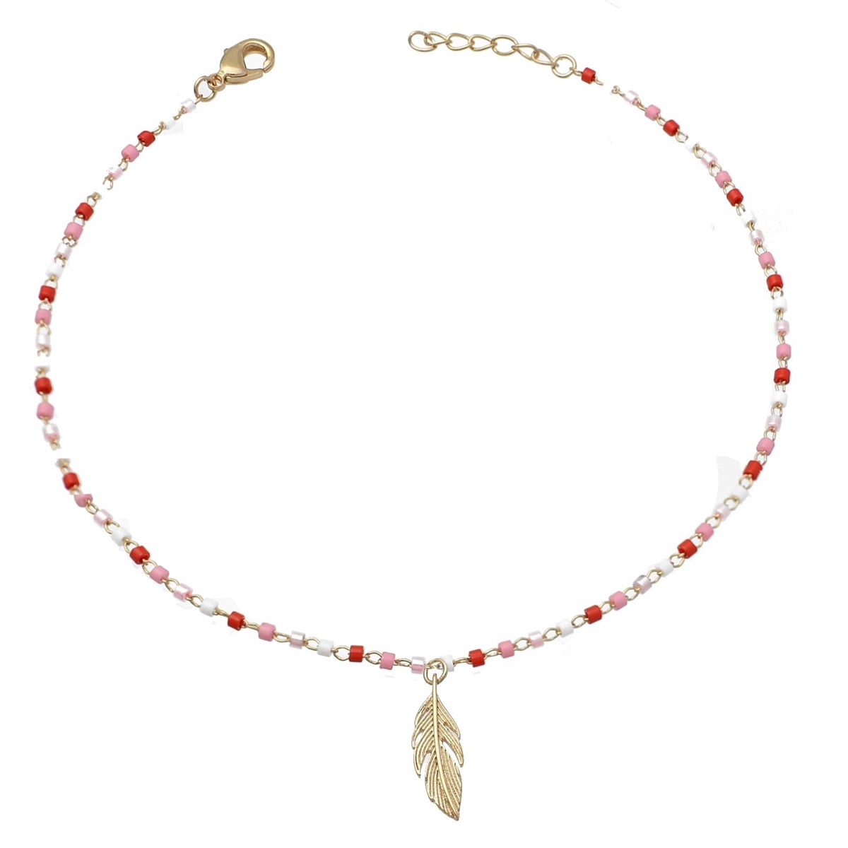 Chaîne de cheville plume pendante perles Miyuki rouges roses et blanches Plaqué OR 750 3 microns