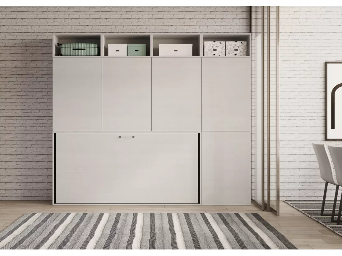 Lit escamotable horizontal blanc Bounto 85x185 avec rangement et bibliothèque composition B-1 matelas 85x185