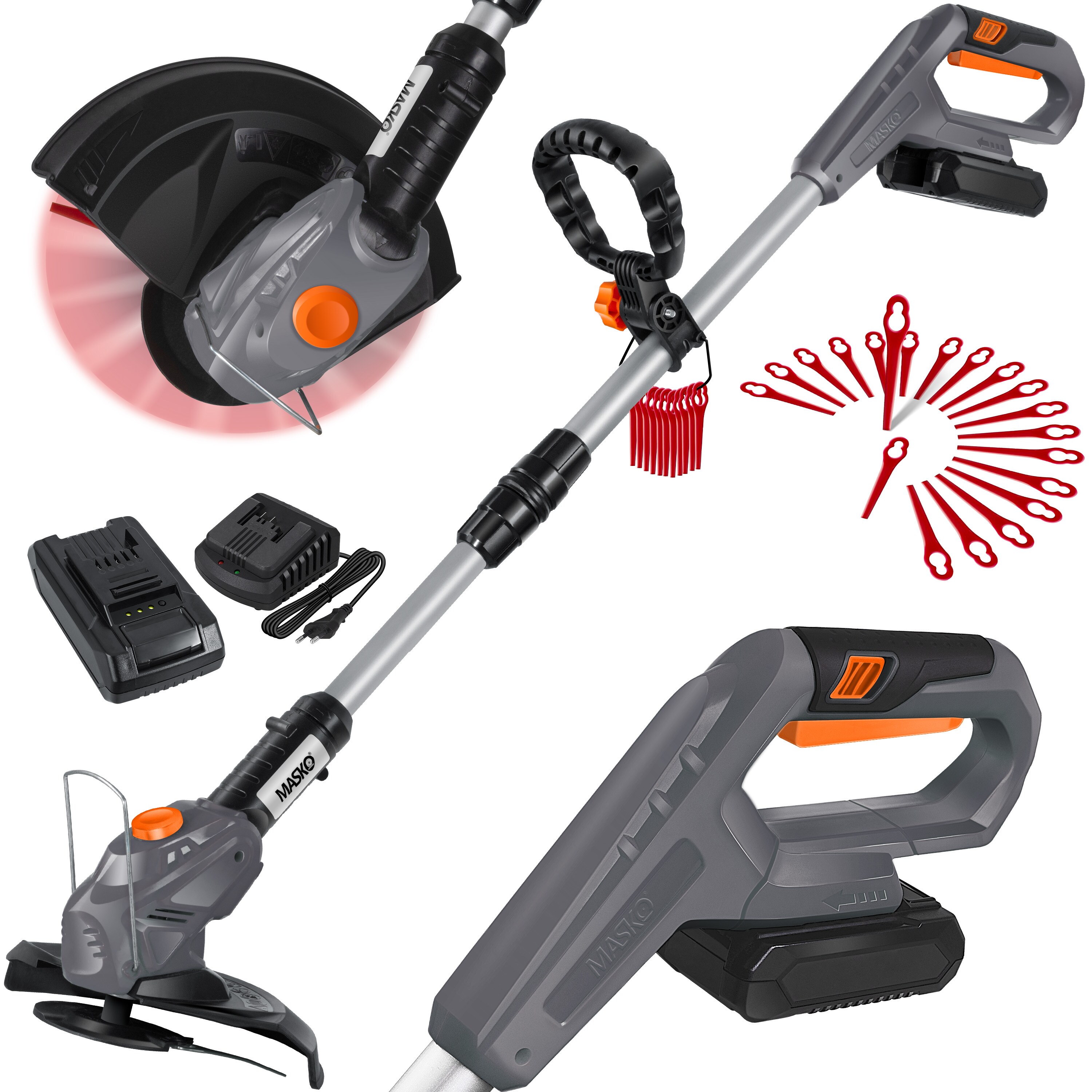 MASKO® Akku-Rasentrimmer mit 20 V Li-Akku, 2,0 Ah Akku und Ladegerät, Motorsense 26 cm Schnittkreis, 180° Trimmwinkel, Teleskop-Stiel & Zusatzhandgriff, inkl. 20 Messer Kunststoffklinge