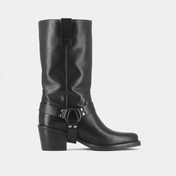 Bottes à bouts carrés et boucles argentées  en cuir noir