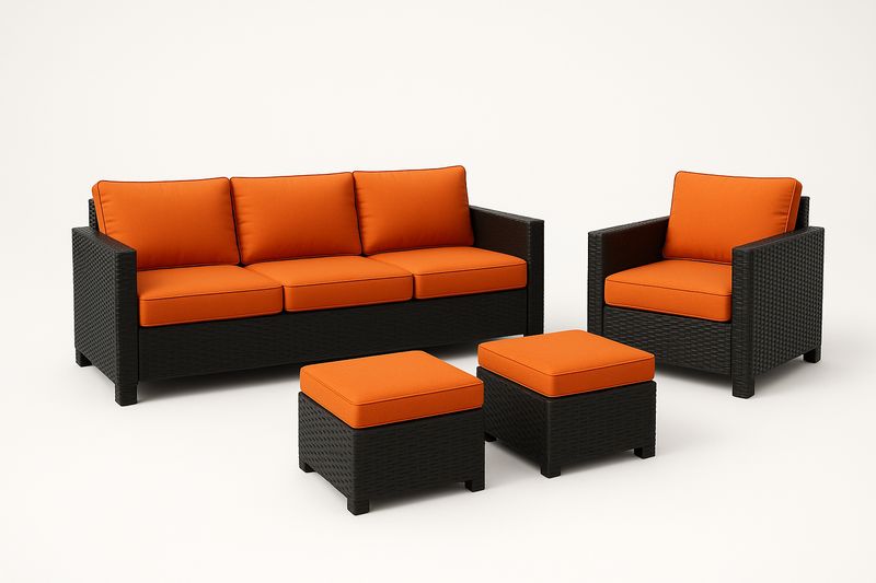 Gartenmöbelset Rattan Schwarz Polyester Orange Sofa Sessel Hocker