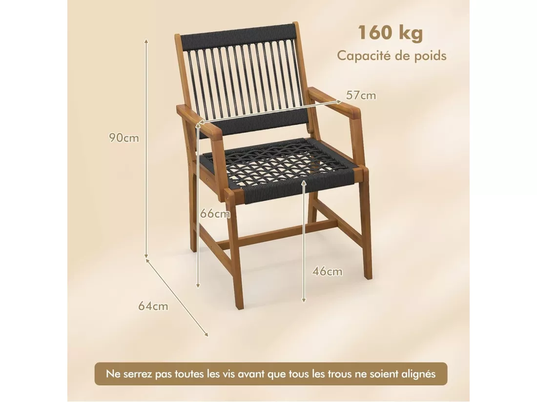 Chaises de Jardin Extérieur Lot de 2 en Bois d’Acacia, Chaise de Salle à Manger en Corde avec Accoudoirs, Fauteuil Jardin Extérieur Intérieur pour Terrasse Patio Cour Cuisine, Charge 160 KG