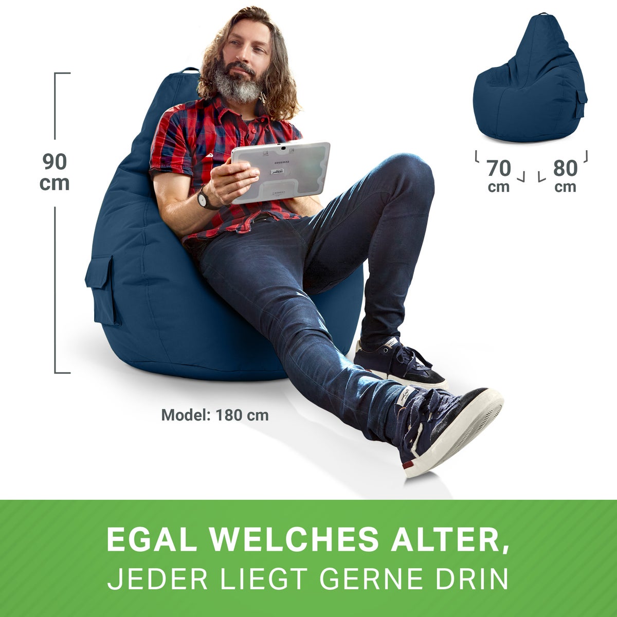 Green Bean Zitzak met rugleuning 80x70x90cm - Gaming stoel met 230L vulling, knuffelzacht, wasbaar - Zitzak vloerkussen, loungestoel, voetenbank, relaxstoel, gamerstoel, donkerblauw