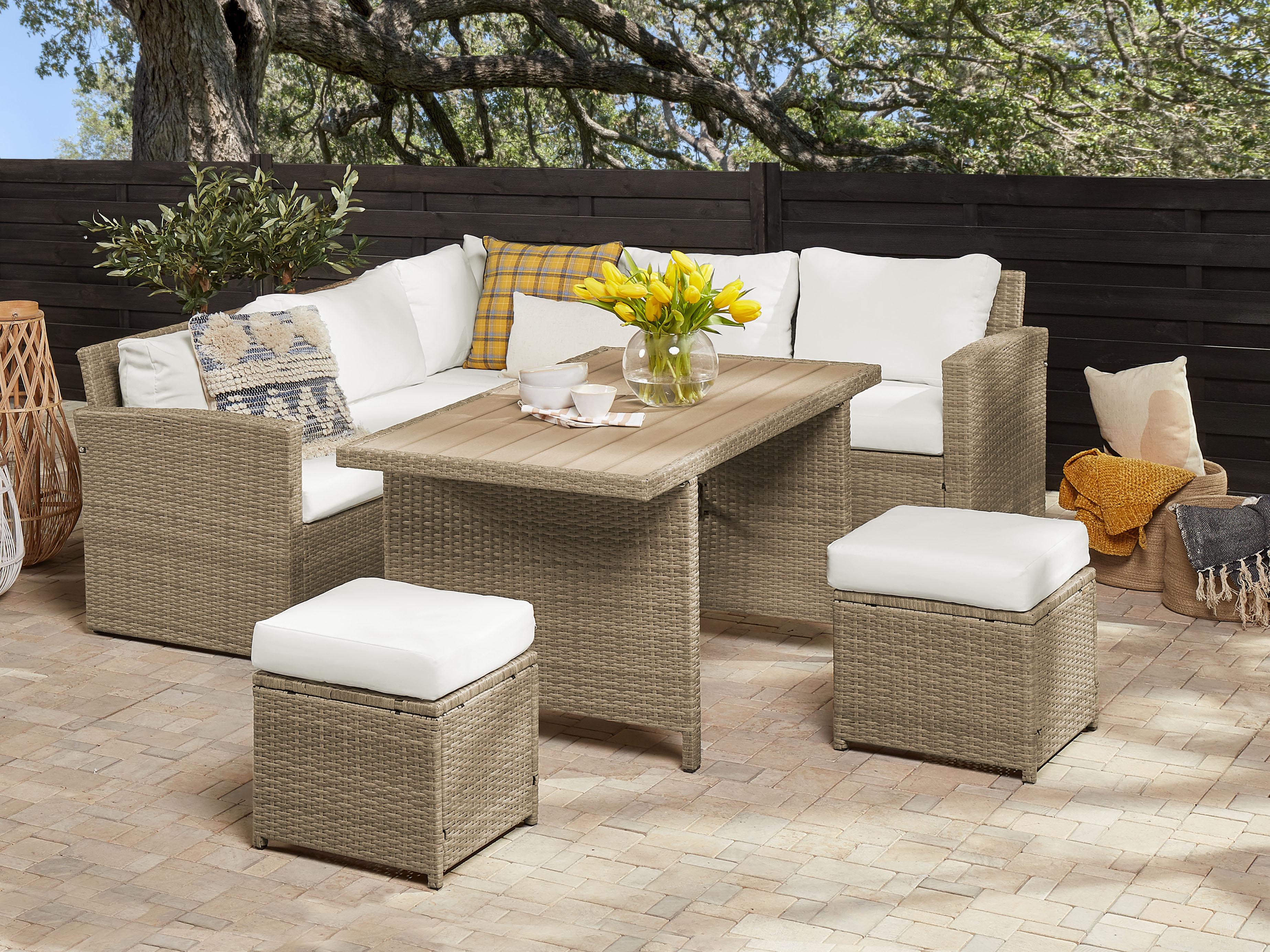 Loungeset met tafel en ottomaan 5-zits BARDI met kussens PE rotan Bruin