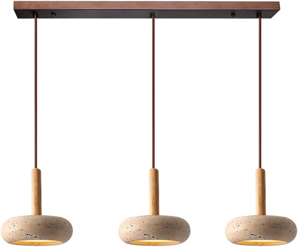 Wabi Sabi Pendelleuchte Gelbe Travertin Mit Rundem Naturstein Schirm Nordische Holz LED Hängelampe Verstellbare Schlinge Für Schlafzimmer Nachttischlampe Wohnzimmer Kücheninsel(Long)