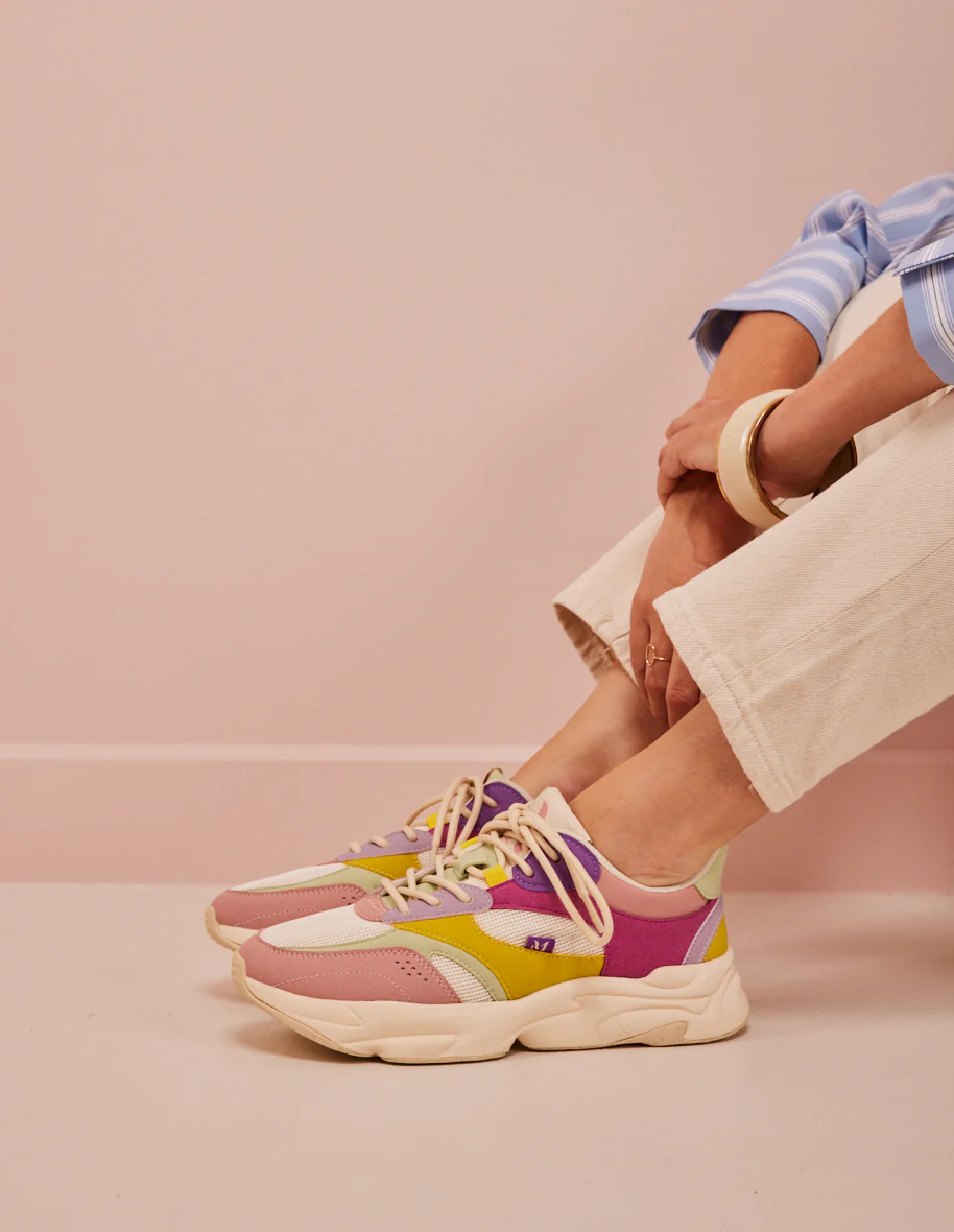 Baskets basses Nathanaelle - Suède vegan et mesh blush vert d'eau ecru