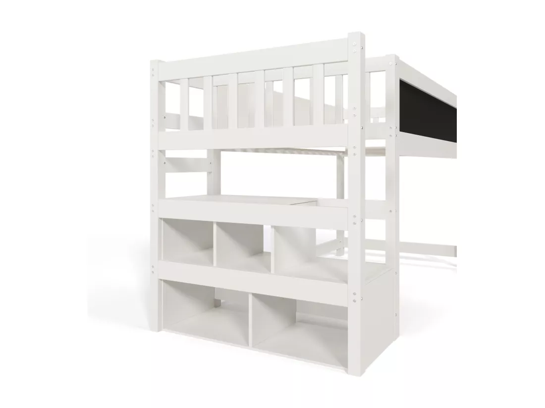 Lit mezzanine en pin massif - 90x200cm - avec un tableau noir - Blanc