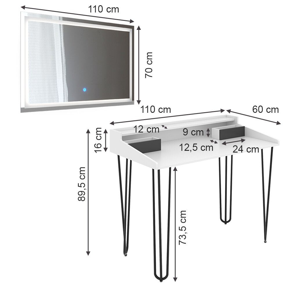 Vicco Schminktisch Sannar Weiß Schwarz 110 x 60 cm mit LED-Spiegel