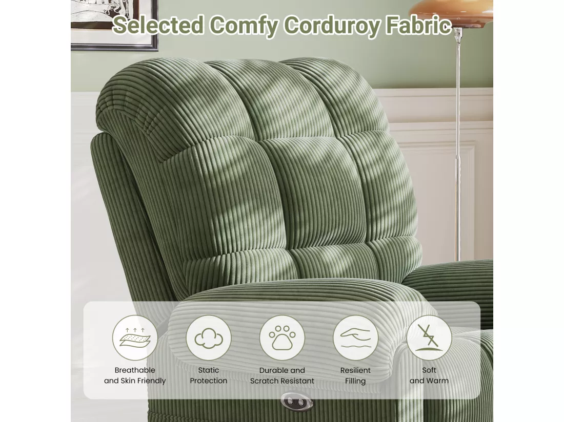 Fauteuil Relax Fauteuil électrique en Velours Côtelé,Fauteuil à loisirs Réglable avec USB,Dossier Réglable,Anti-statique avec Repose Pieds - 96x97x104cm Vert