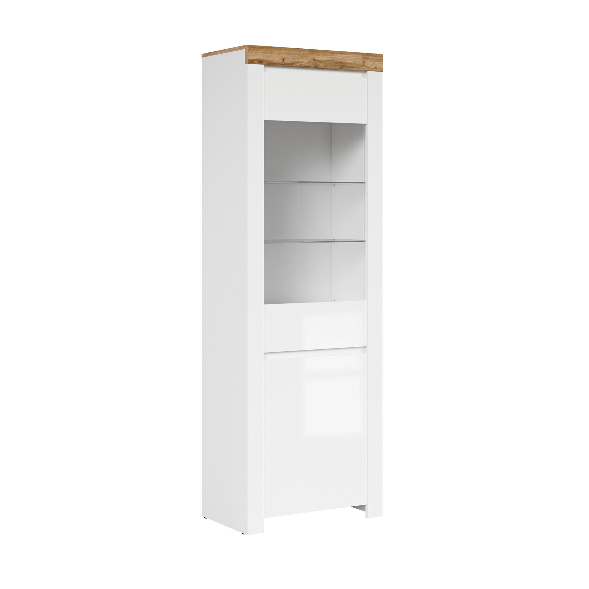 Standvitrine - weiß Hochglanz-Wotan Eiche - 204 cm hoch