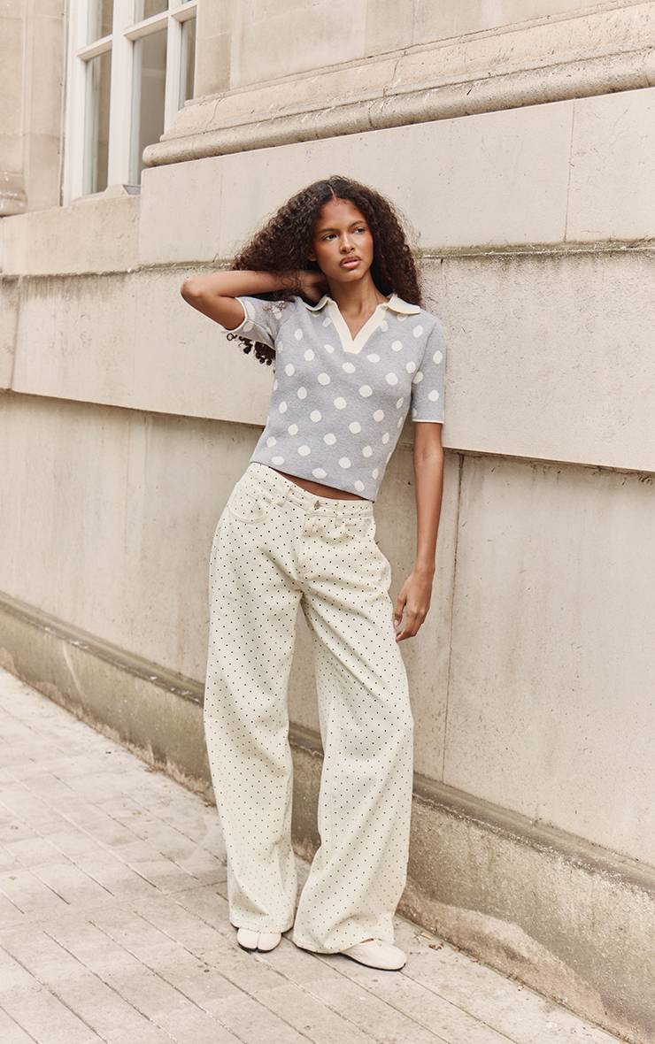 Cream Polka Dot Jean Taille Basse Coupe Large