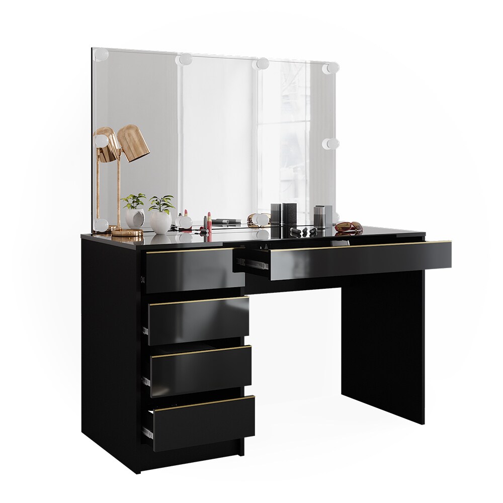 Vicco Schminktisch Sherry Schwarz Hochglanz Gold 120 x 75 cm 5 Schubladen Spiegel LED