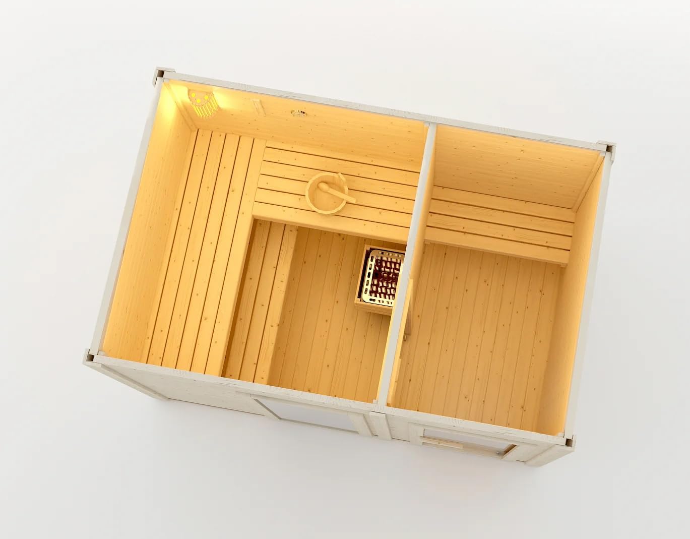 SANOTECHNIK Outdoorsauna VAASA – Außensauna für 4–6Personen 310×230×219,5cm, Harvia8kW Ofen, Thermo-Fichtenholz, ESG-Glas – Art.Nr. F30130