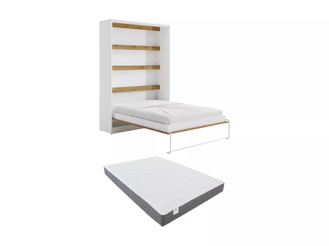 Lit escamotable 140 x 200 cm - Ouverture verticale manuelle - Avec LEDs - Blanc et naturel + Matelas - RAPILI