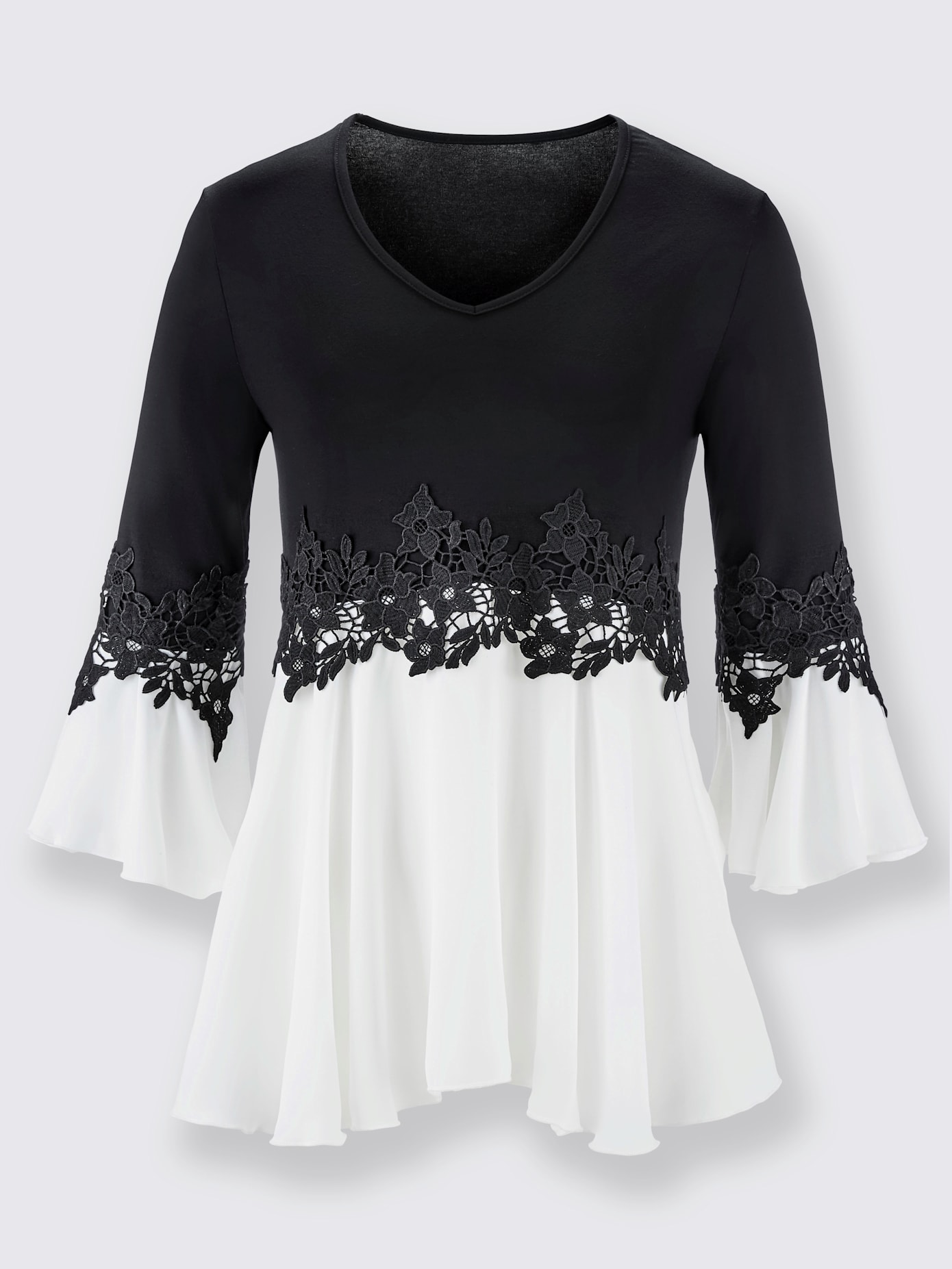 T-shirt bicolore souple ornée dentelle fleurie