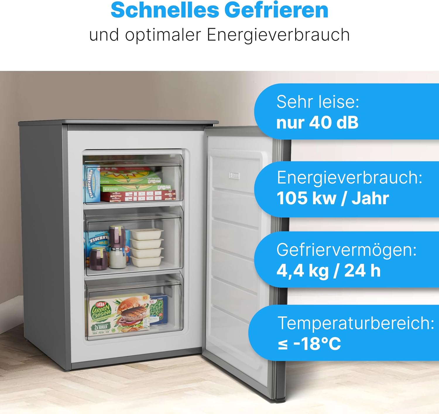 Bomann® Gefrierschrank | 87 L | energieeffizient, leise & klein | ≤ -18 °C, stufenlos regelbar | 3 Schubladen & Eiswürfelschale | 4-Sterne-Gefrierfach, Türanschlag wechselbar | GS 7253 inox