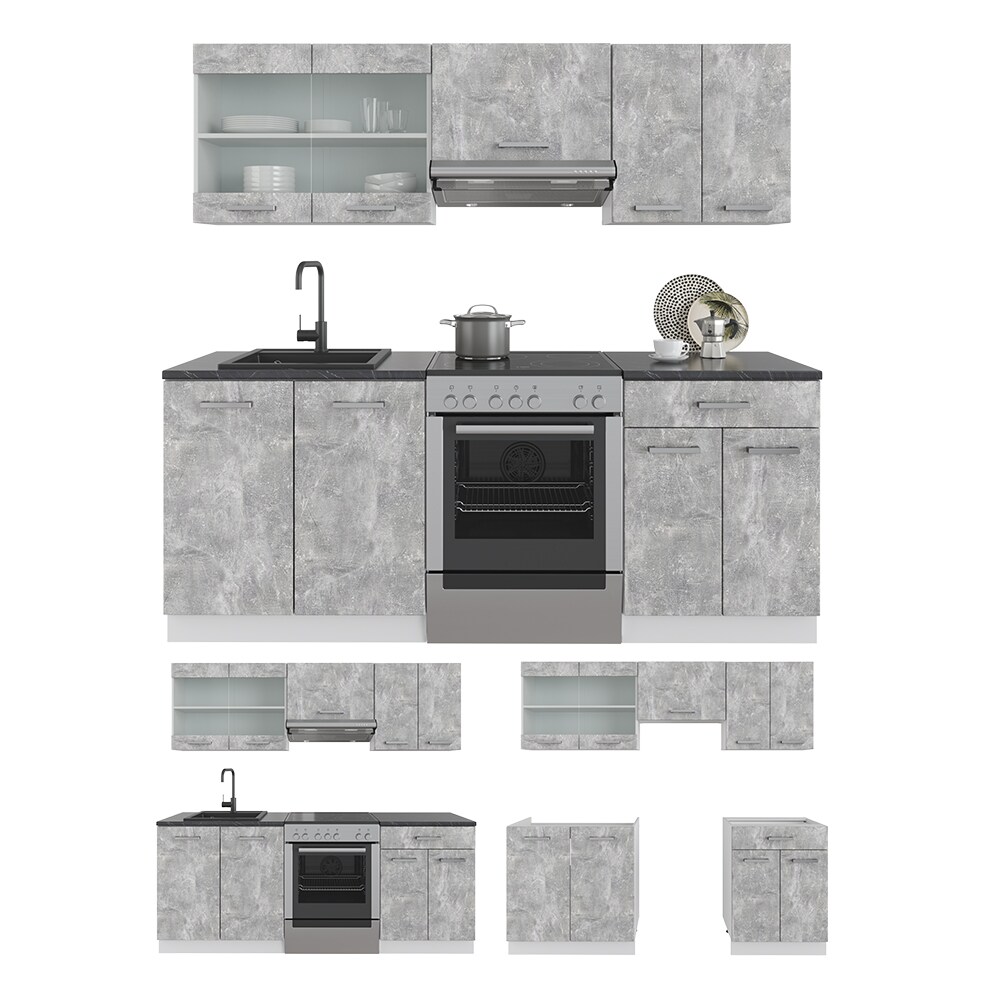 Vicco KÜCHE R-LINE 200CM KÜCHENZEILE KÜCHENBLOCK EINBAU Beton
