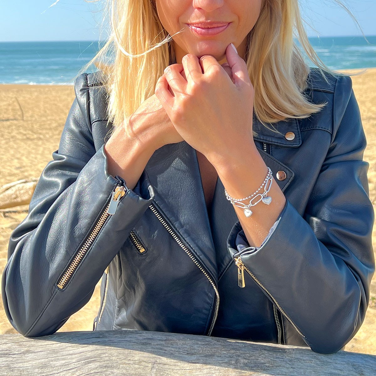Bracelet Breloque Coeur Nacre Double Chaine Acier inoxydable 316L
