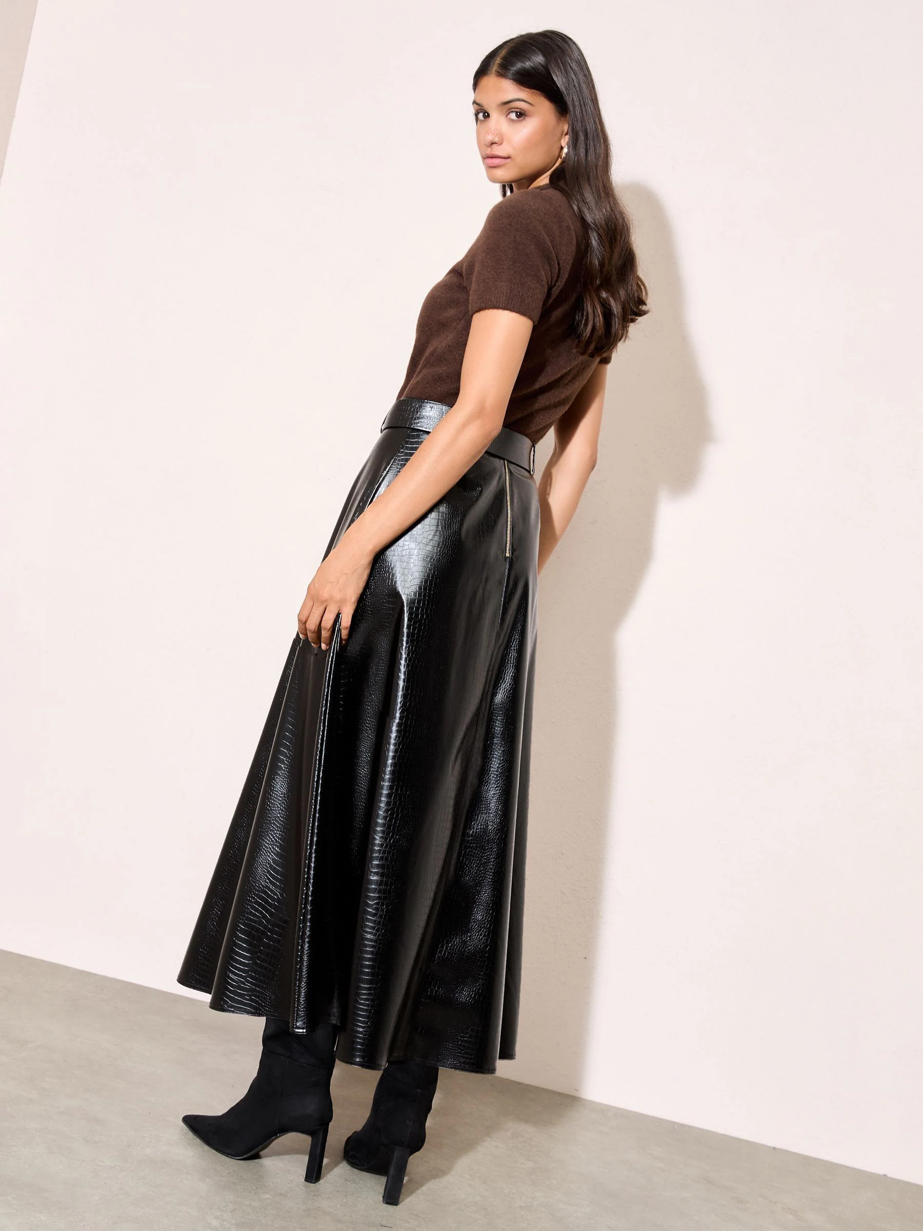Friends Like These Faux Leather Belted Hem Midi Skirt
