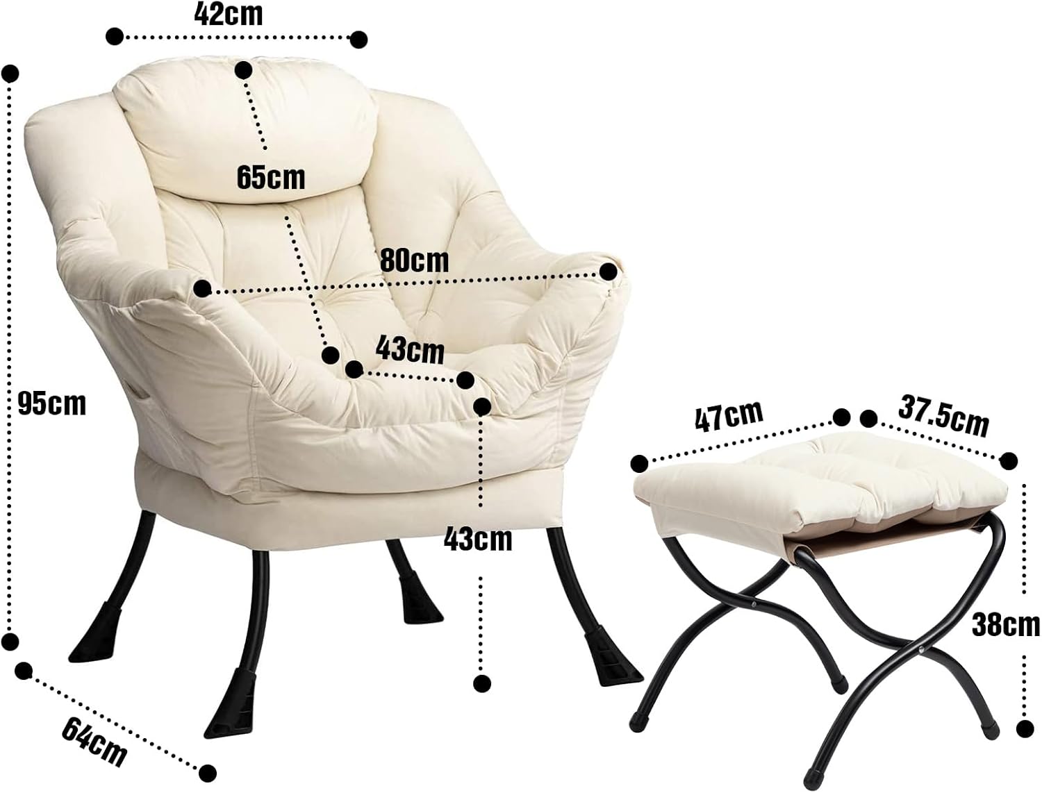 HollyHOME Sessel mit Hocker Ohrensessel mit Hocker Samt Sessel Wohnzimmer Relaxsessel Schlafzimmer Lesesessel Lounge Sessels Stahlrahmen, Beige