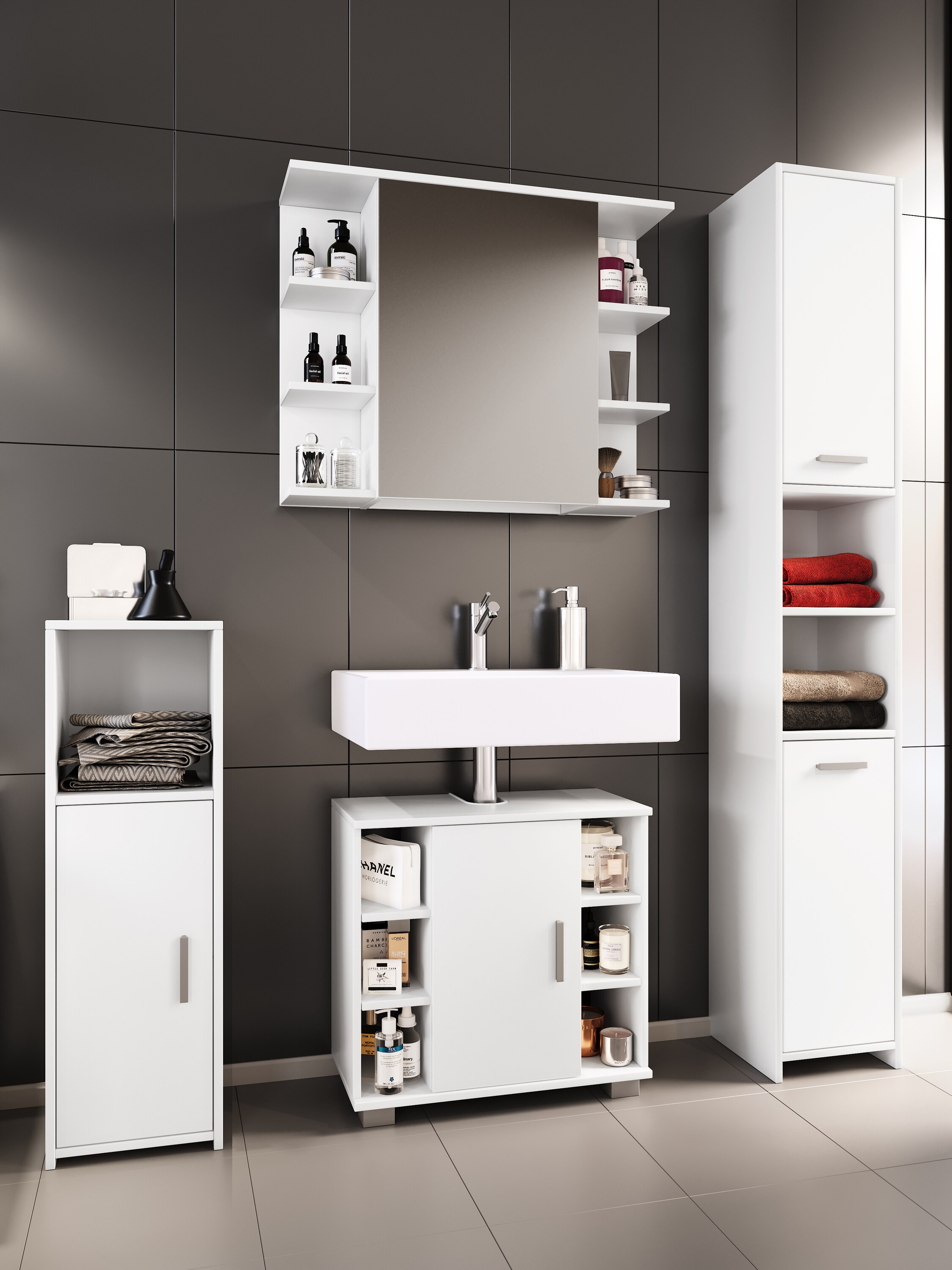 VCM 4-tlg. Komplett Badmöbel Badschrank Bad Unterschrank Hochschrank Set Zalo ll