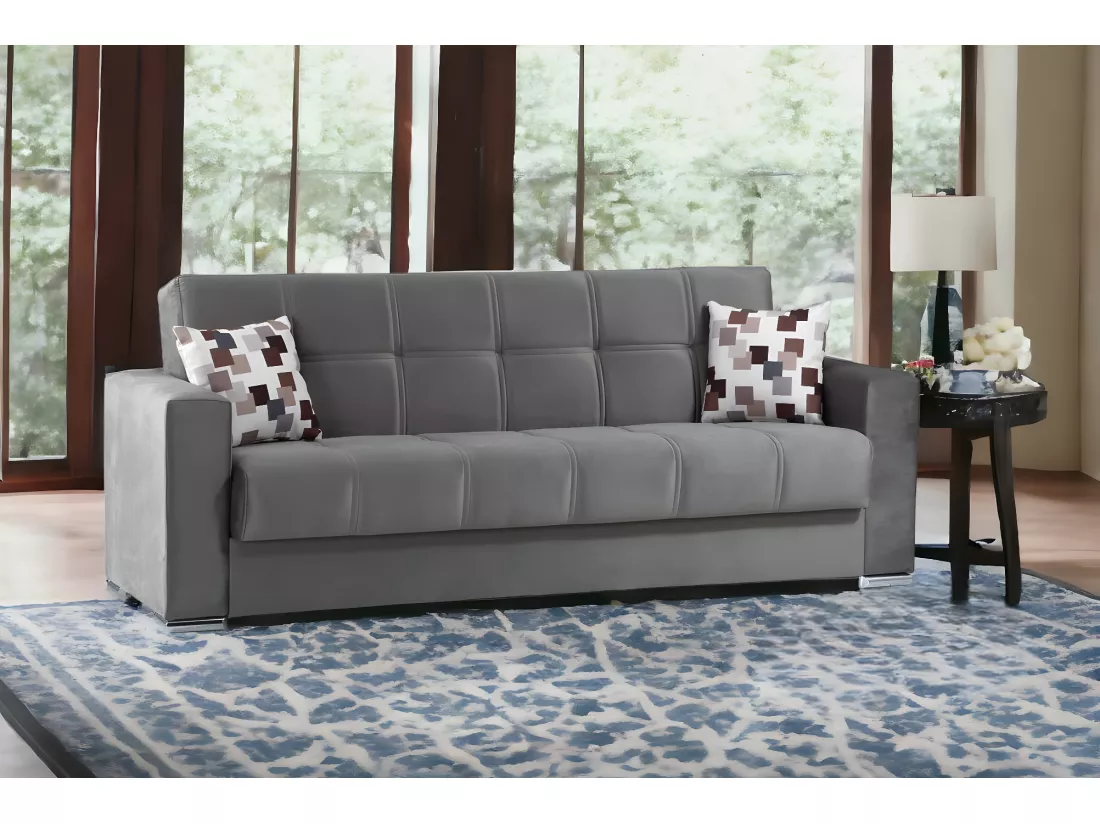 Canapé Francisco, Canapé conteneur 3 places linéaire, Canapé de salon en tissu rembourré avec ouverture clic-clac, 226x85h91 cm, Gris