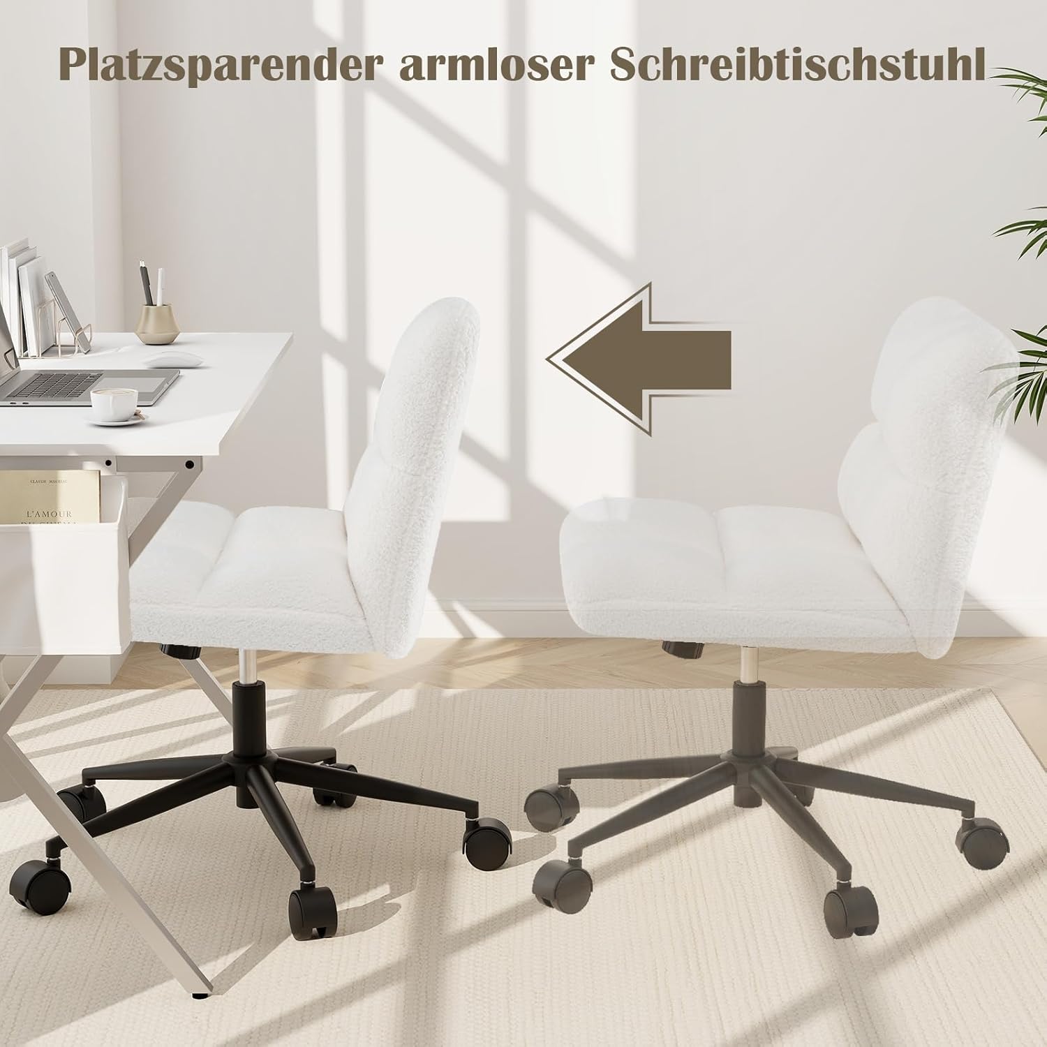 COSTWAY Schneidersitz Stuhl mit Rollen, Drehstuhl ohne Armlehnen, Schreibtischstuhl mit breiter Sitzfläche, Bürostuhl, Schminkstuhl, höhenverstellbar, Wippfunktion, modern (Beige)