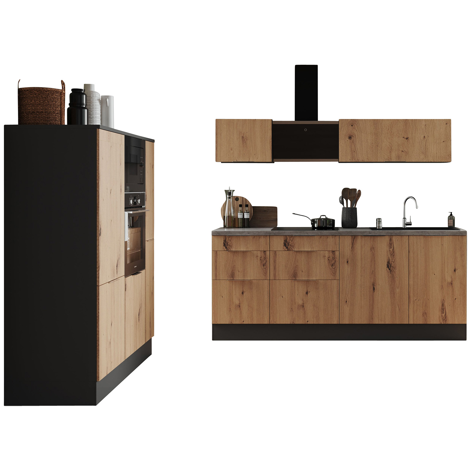 Küchenblock - Artisan Eiche - grau matt - mit E-Geräten - 370 cm
