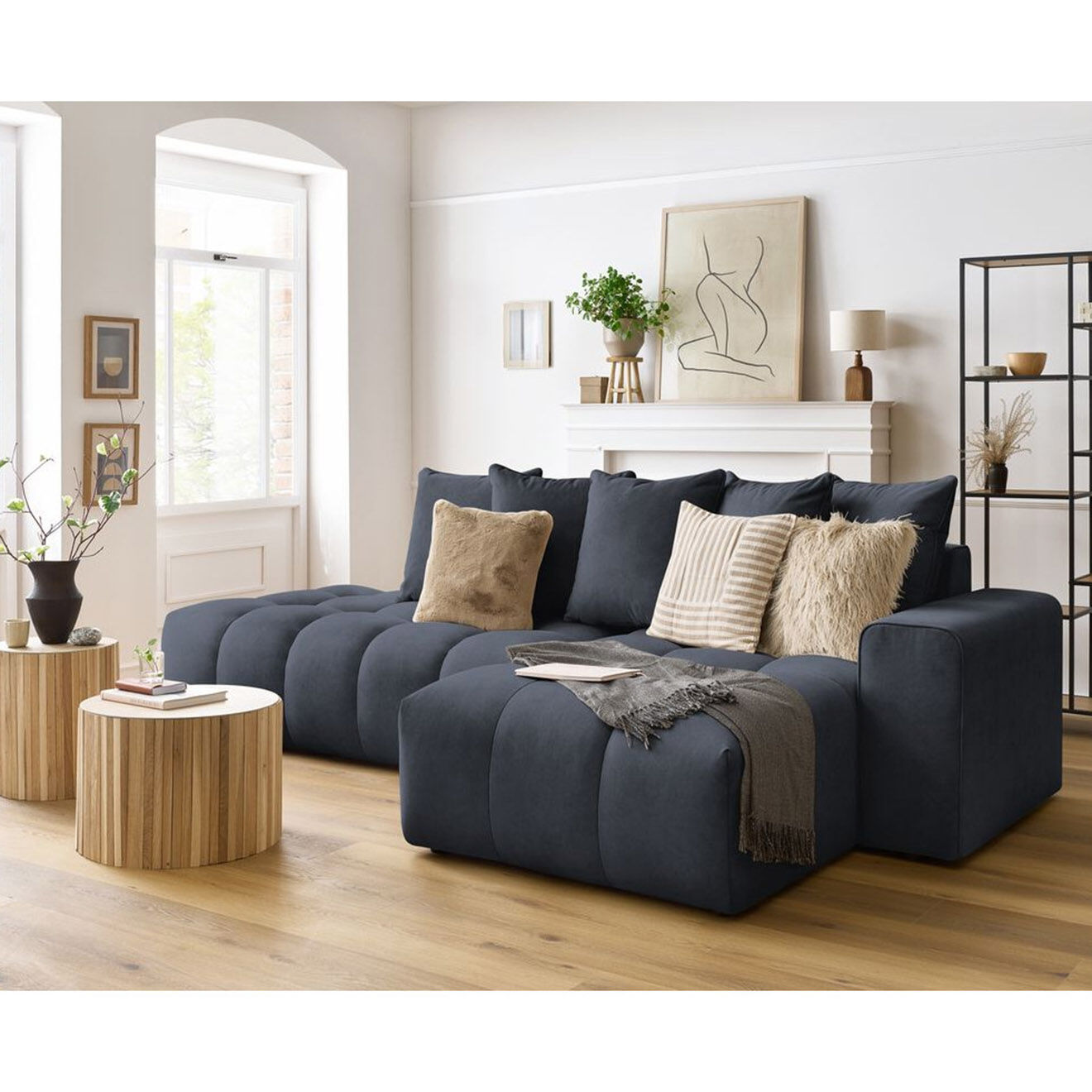 Bobochic Canapé d'angle fixe mont-blanc velours angle droit bleu foncé foncé foncé - 313x176x97 cm